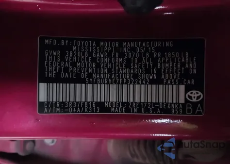 2015 Toyota Corolla Le Plus из США, поврежденный, VIN 5YFBURHE7FP322442